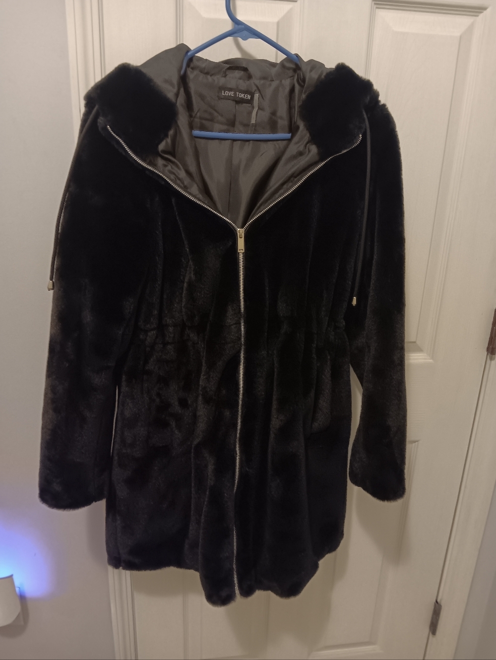 Love Token Black Faux Fur Hooded Zip Coat. Large Small.